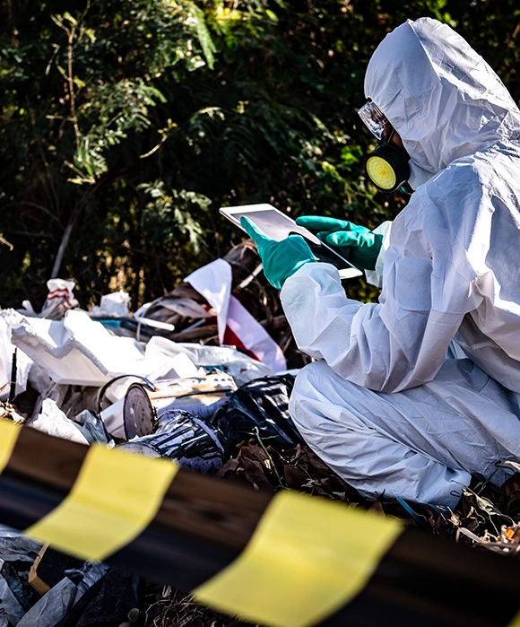 Delta Container - Die Bedeutung der Hazardous Waste Directive in der Abfallwirtschaft Wissenschaftler tragen einen Chemikalienschutzanzug und prüfen gefährliche Chemikalien