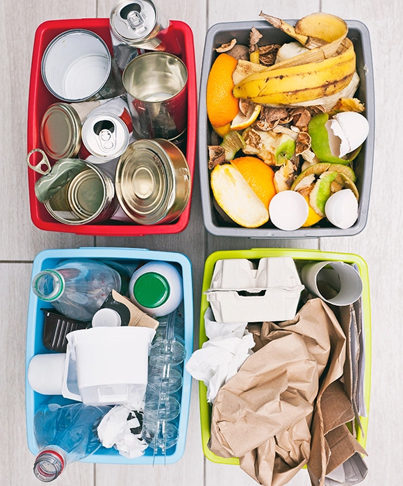 Delta Container - Die Rolle der Abfalltrennung für effizientes Recycling Vier verschiedene Behälter, worin Müll sortiert worden ist