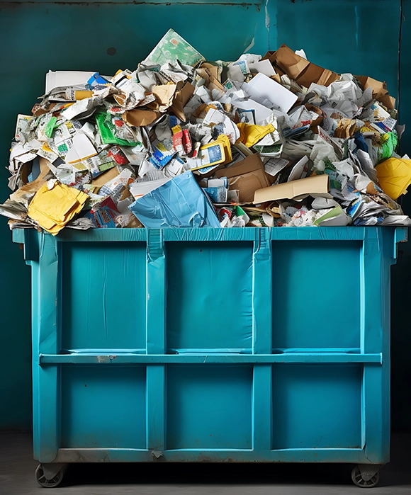 Delta Container - Was ist Abfallentsorgung und warum ist sie wichtig? Überfüllter Müllcontainer, gefüllt mit verschiedenen Arten von Abfallmaterialien
